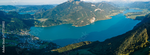 Fototapeta Naklejka Na Ścianę i Meble -  Stunning Aerial Drone View of Lake Wolfgangsee Revel in the Beauty of Austria's Scenic Lake from Above