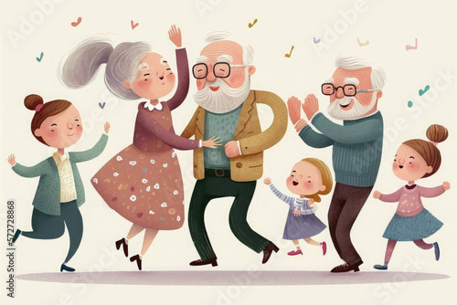 Children dance with grandparents. Generative AI.