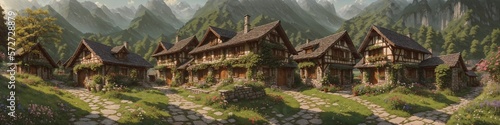 Fairytale village in the Alps. Wide format, large image size. AI