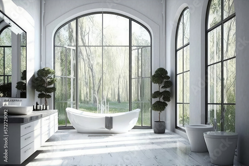 Luxurious modern bathtub in white interior. Generative AI.
