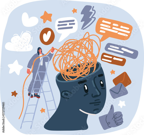 Vector illustration of Help tangled minds. Woman unravel disorder mental threads of teenager woman, treatment anxiety mind obsessive brain psychology counseling