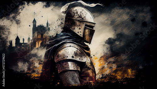 Crusader warrior in armor,  tower in the background, Generative AI photo