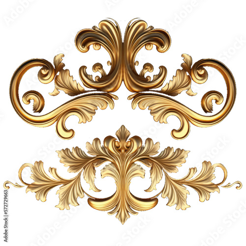 Golden baroque ornament on transparent background, 3d set of an ancient gold ornament on a white background. Decorative elegant luxury design.golden elements in baroque, rococo style.seamless vintage.