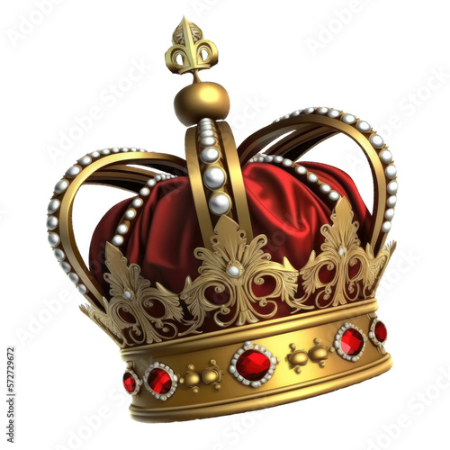 Red king crown. Classic king’s crown isolated on a transparent background. Gold crown with jewels. 