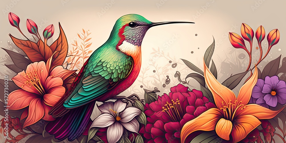 colorful hummingbird on top of beautiful flowers illustration design art