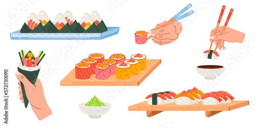 Set illustrations of Asian food. Hand drawn illustration of temaki in hand, sushi on a plate, onigiri and soy sauce.