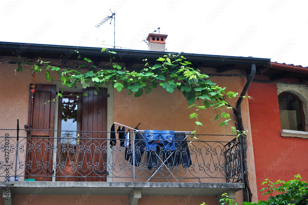 Balcony on Italian House with Metal Railing  Laundry and Climbing Plant