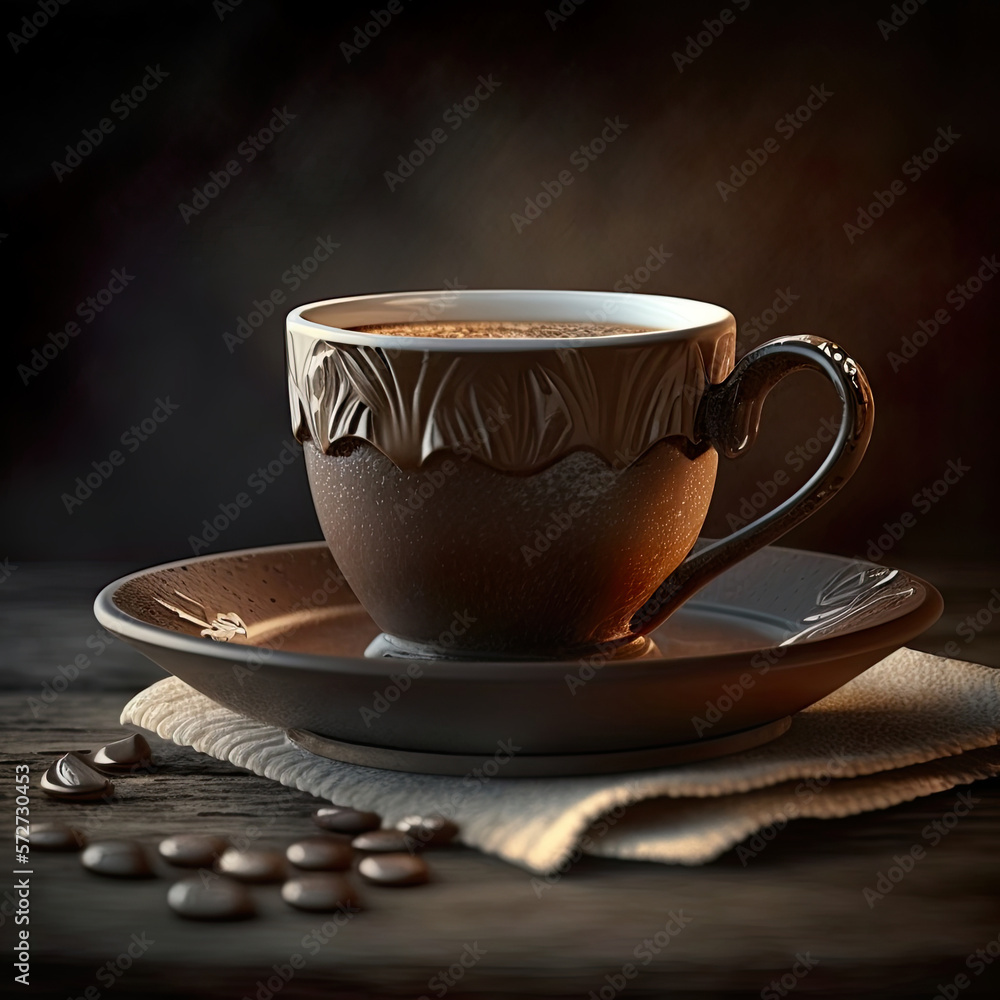 Hot coffee in enamelled Handmade Rustic Ceramic cup. 3D realistic illustration. Generative AI Hot coffee in enamelled Handmade Rustic Ceramic cup. 3D realistic illustration. Generative AI