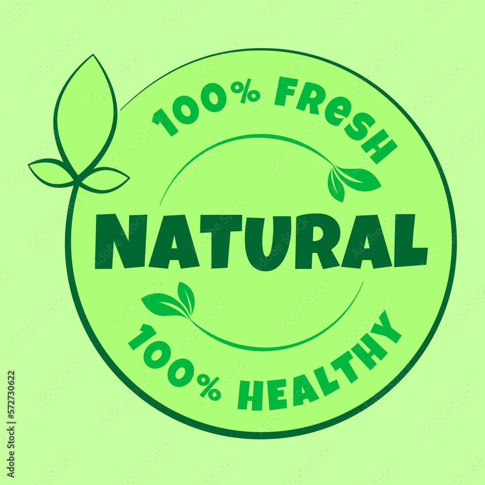 Natural products sticker, label, logo template with green leaves for fresh and healthy products. Vector illustration Natural products sticker, label, logo template with green leaves for fresh and healthy products. Vector illustration