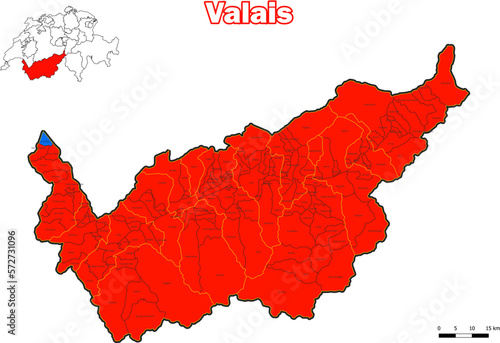 Vektor Karte Schweiz Administrative Gliederung Kanton Valais mit name der Kommune photo