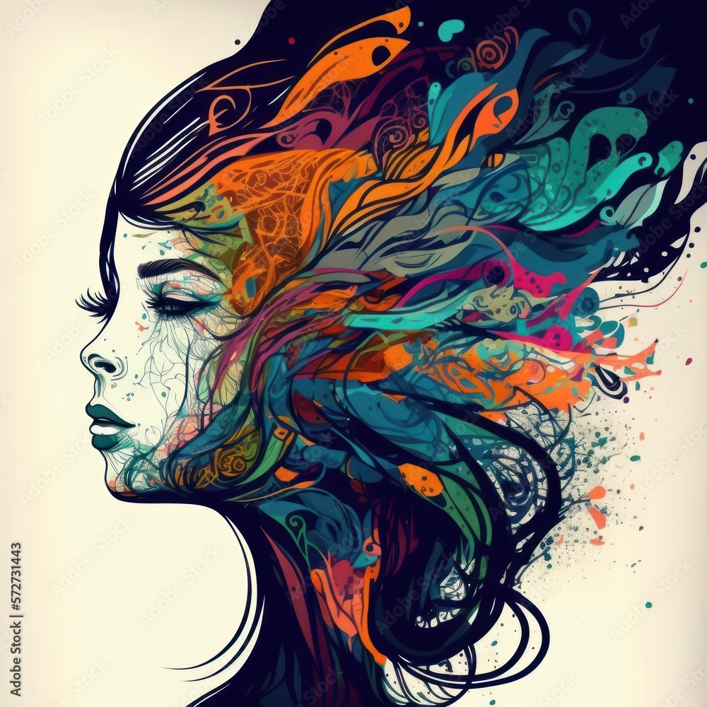 Woman in abstract doodle style. Beautiful colorful illustration. Vector style. Generative AI