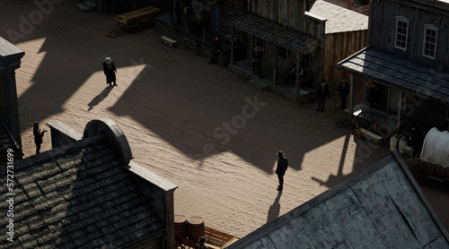 Two cowboys preparing to draw their guns during standoff in a small town. Spaghetti, macaroni western style, realistic 3d rendering