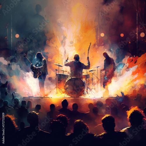 Band is playing on the concert. Beautiful colorful illustration. Vector style. Generative AI