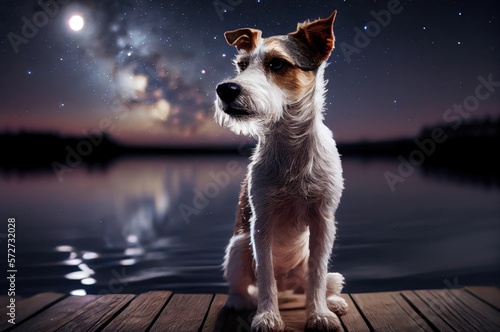 Wire Fox Terrier Happy And Looking At The Stars Generative AI
