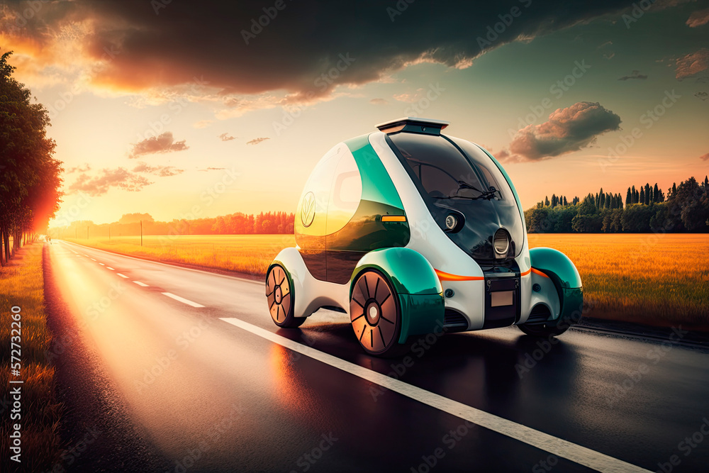 Futuristic electric car on a road in the countryside. Generative AI
