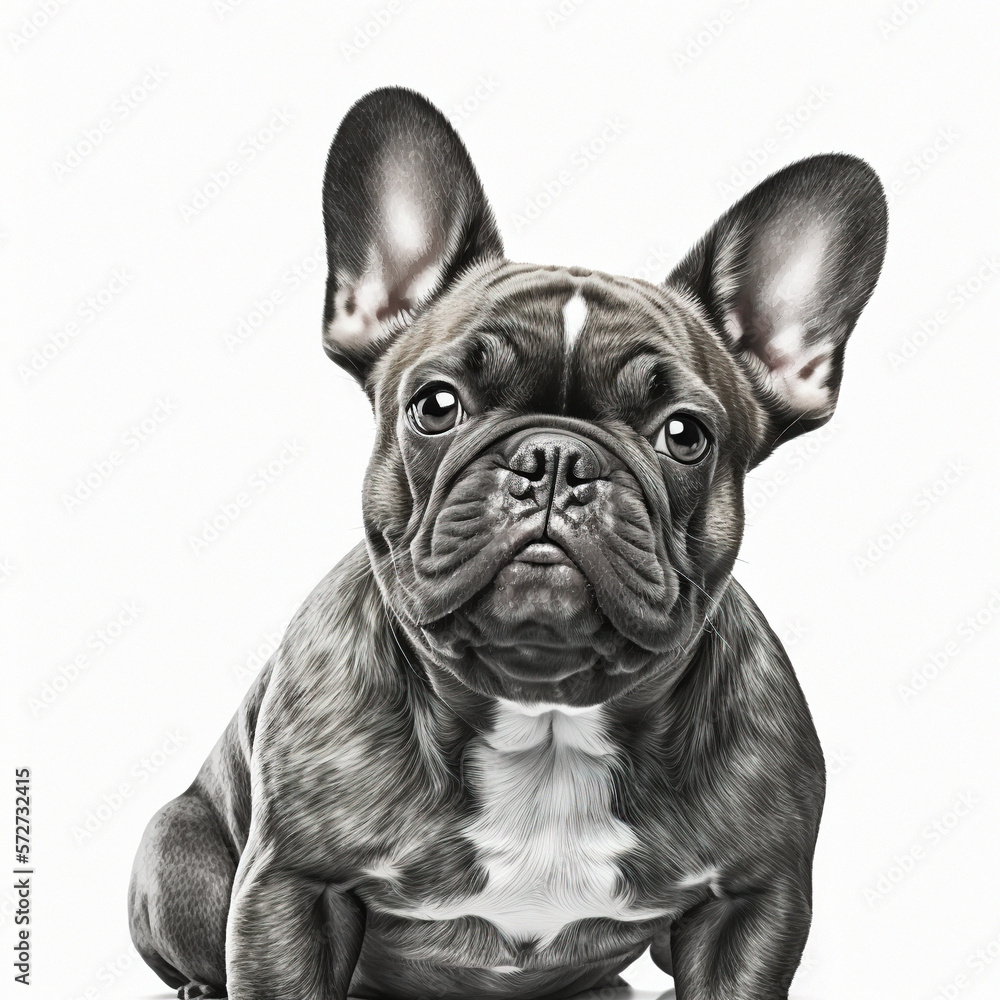 Portrait of a french bulldog on a white background. Photorealistic image created by artificial intelligence.