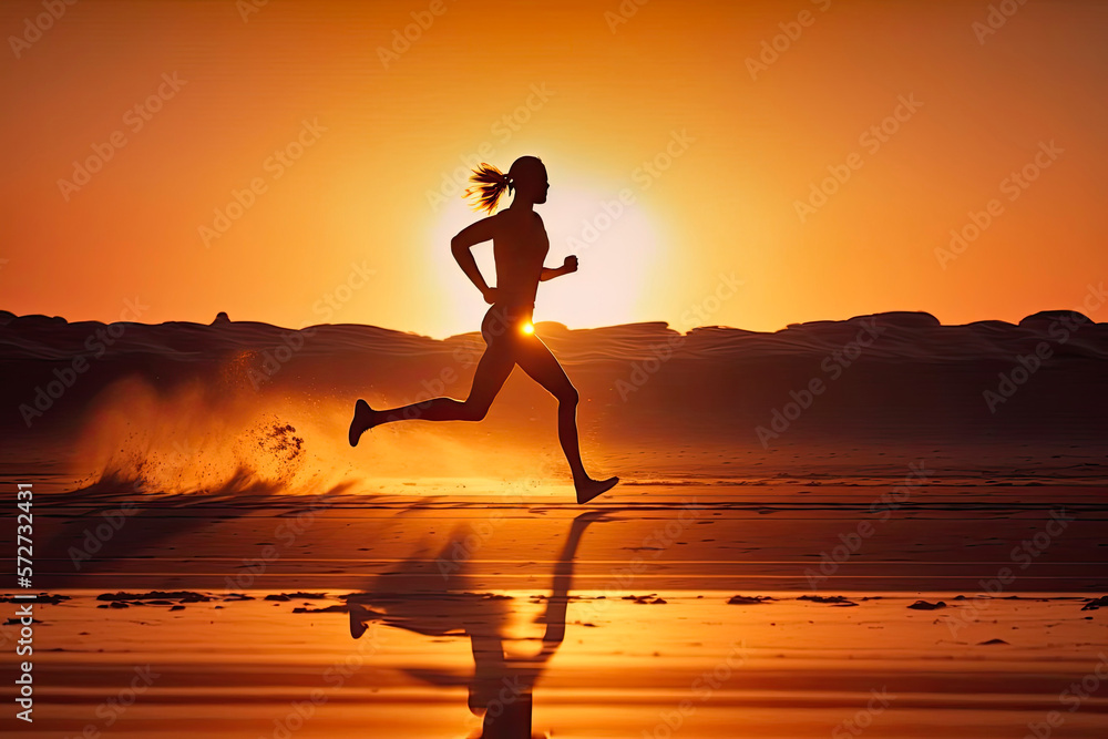 Silhouette of sportswoman running in nature at sunset. Generative AI Silhouette of sportswoman running in nature at sunset. Generative AI