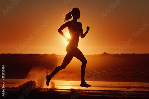 Silhouette of sportswoman running in nature at sunset. Generative AI