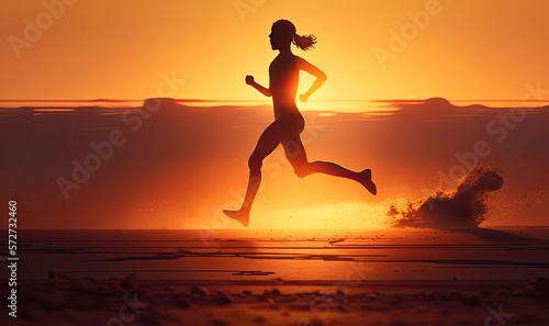 Silhouette of sportswoman running in nature at sunset. Generative AI