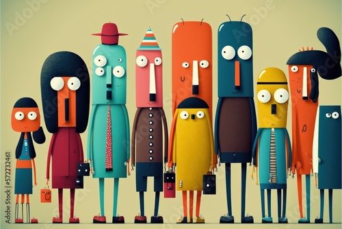 Group of abstract funny disproportionate people. Beautiful colorful illustration. Vector style. Generative AI