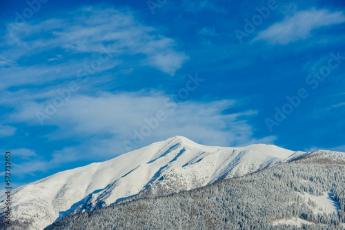 Views from city Liptovsky Mikulas to West Tatras in winter time with snowy trees and cloudy sky. Liptov region, Slovakia. Winter trees background.