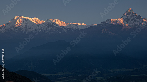 View of the Himalayan giants, Dhaulagiri mountain, Annapurna range and Machapuchare (Fish Tail) mountain as seen at sunrise from Sarangkot village, near Pokhara, Nepal Himalayas, Nepal