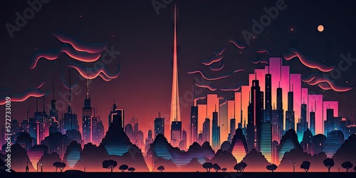 fantasy night city japanese landscape neon light abstr illustration design art