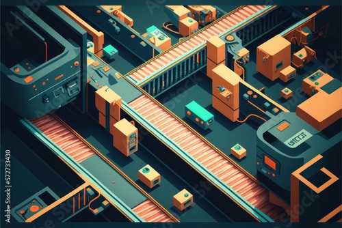 Top view of the factory conveyor in abstract. Beautiful colorful illustration. Vector style. Generative AI photo