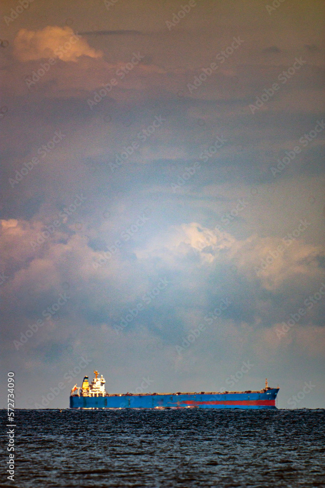 A blue ship with a red line on the starboard side stands on the sea horizon under a cloudy sky.