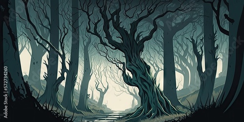 gloomy forest with scary trees illustration design art photo