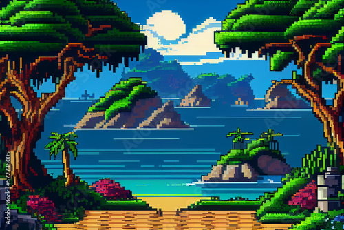 Video game background landscape with mountains and forests in 16 bit pixels. Retro video arcade game nature location with pixel art mountain hills, snow peaks, sky and clouds, trees, grass and lake. photo