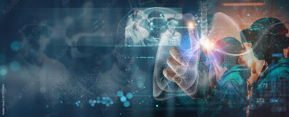 Medical technology diagnostics concept.Medicine doctor and stethoscope working with Human lungs with Ai medical technology on virtual screen for treatment.