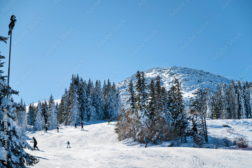 People skiing on a ski slope .Vitosha Mountain ,Bulgaria 