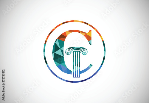 Low poly letter C with law pillar logo design. Law office vector logo template