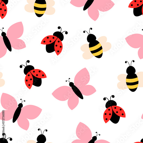 Seamless pattern insect ladybug butterfly bee vector illustration