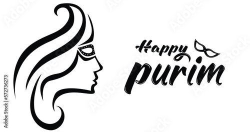 Happy Purim. Jewish holiday background. Handwritten text with Purim Jewish religious holiday masked girl. Art vector illustration.