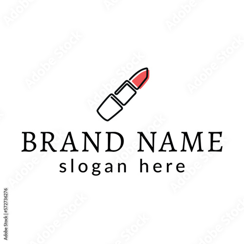 logo with a linear icon in the form of a red lipstick for a cosmetics store, make-up and makeup artist sphere
