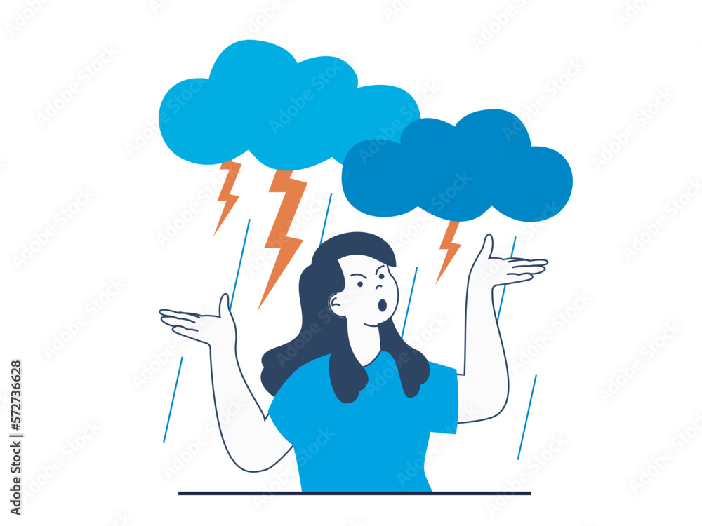 Mental health concept with character situation. Angry woman screaming in strong rage with clouds and thunderstorm, emotional problems. Vector illustration with people scene in flat design for web