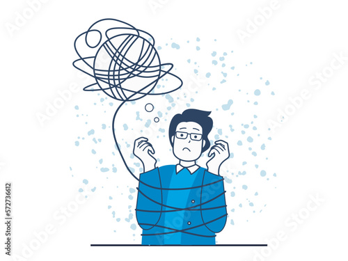 Mental health concept with character situation. Sad man with confused thoughts tied with rope of negative thinking and emotion problem. Vector illustration with people scene in flat design for web