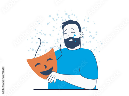 Mental health concept with character situation. Sad crying man wear smile mask to hiding his depressive feeling and emotion problems. Vector illustration with people scene in flat design for web