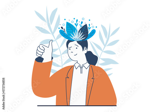 Mental health concept with character situation. Happy woman with plants on head thinks positively, takes care of her feelings and emotions. Vector illustration with people scene in flat design for web