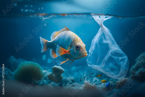 Environmental trash problem. Fish and plastic bag, pollution waste ocean concept. Generation AI © Adin
