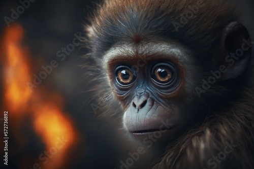 monkeys sad focus on her eyes see forest fire, Generative AI © Salsabila Ariadina
