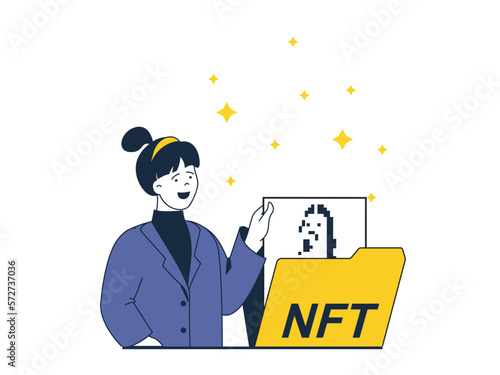 NFT token concept with character situation. Woman seller trading on virtual marketplaces and auctions with digital pictures and other art. Vector illustration with people scene in flat design for web