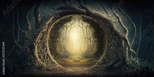 Print op canvas magical portal with arch made with tree branches in for illustration design art