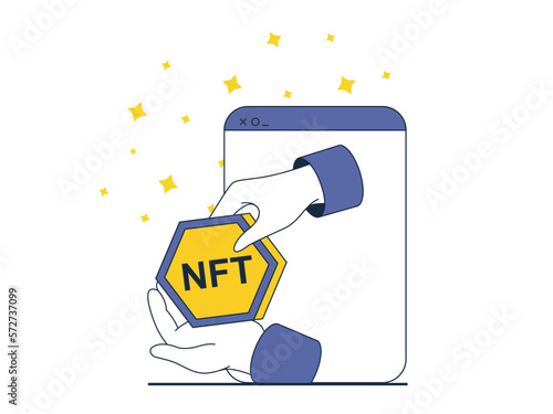NFT token concept with character situation. Online marketplaces and virtual auctions for selling and buying unique digital artworks. Vector illustration with people scene in flat design for web