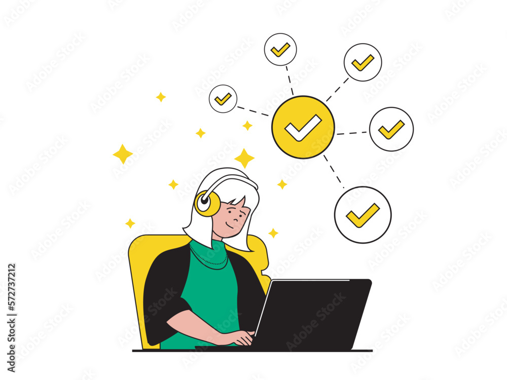 Productivity workplace concept with character situation. Woman works on laptop and performs work tasks, organizes workflow in office. Vector illustration with people scene in flat design for web Productivity workplace concept with character situation. Woman works on laptop and performs work tasks, organizes workflow in office. Vector illustration with people scene in flat design for web