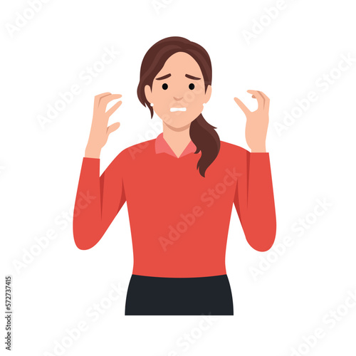 Young woman Frustrated gesture with hands. Flat vector illustration isolated on white background