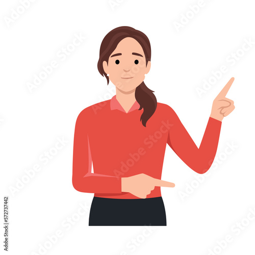 Smiling woman pointing up. Flat vector illustration isolated on white background