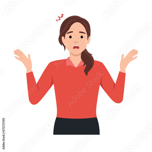 Anxiety, stress, Depression concept. Young unhappy worried female cartoon character standing, touching head with hands and feeling panic and depression. Flat vector illustration isolated on white